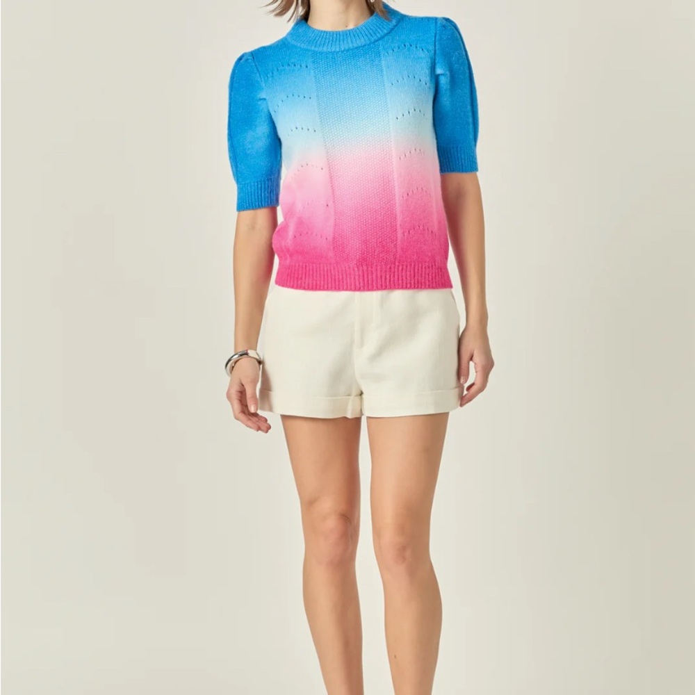 English Factory Puff Sleeve Blue and Pink Ombre Women's Top Size Small